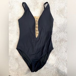 EUC Bleu Rod Beattie Core Low Neck Lace down One Piece- Sz 12